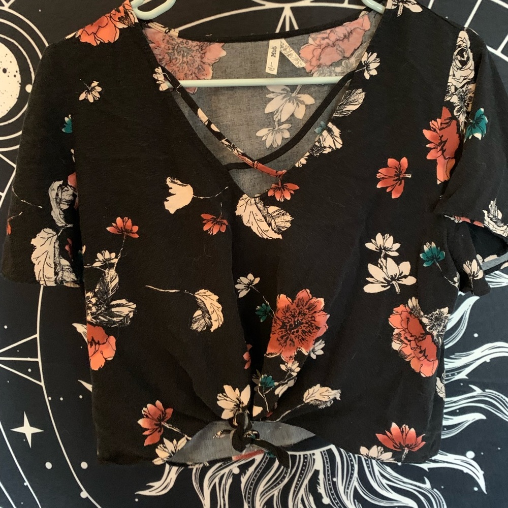 Black Floral Crop Top with Front Tie